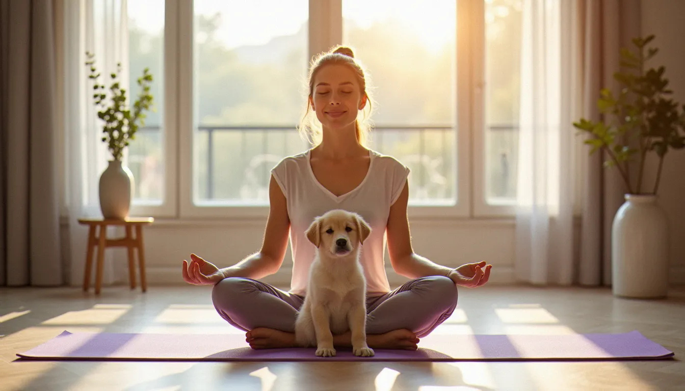 Jeune femme assise en position méditative sur un tapis de yoga avec un chiot à ses pieds, illustrant le yoga effet cerveau dans un cadre lumineux et apaisant