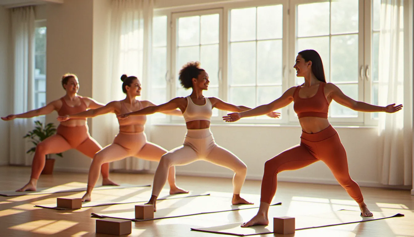Un groupe de femmes enchaînant une posture de guerrier en formation dans un studio éclairé naturellement, lors d'une séance de yoga en groupe