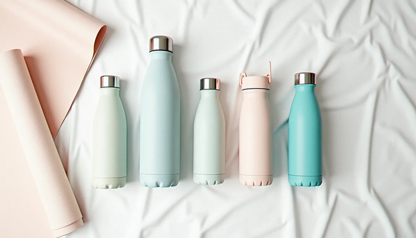 Comparaison de gourdes en inox, verre, plastique et silicone disposées à côté d'un tapis de yoga