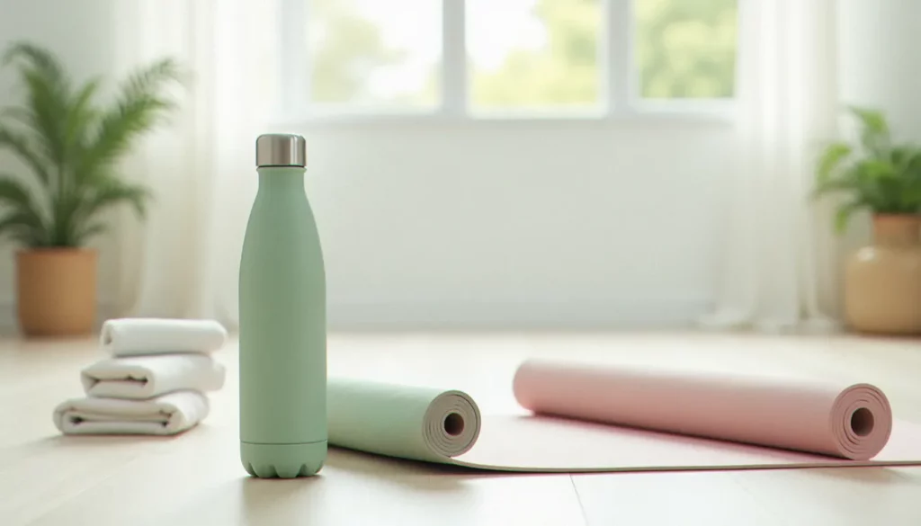 Une gourde yoga en inox vert sauge posée près d'un tapis de yoga pastel dans un studio lumineux