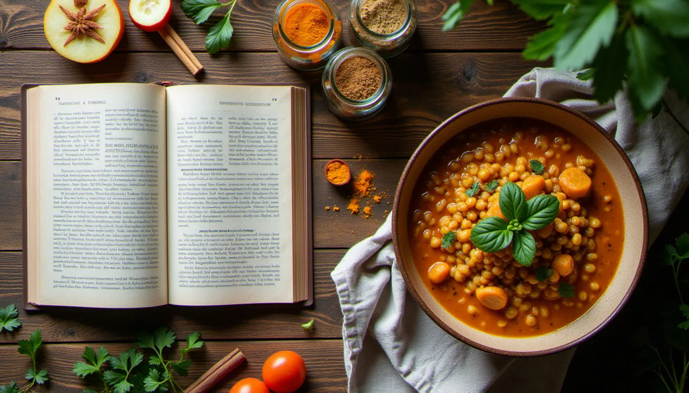 Vue du dessus d'une table en bois avec un livre de cuisine ouvert, un curry de lentilles, des épices et des légumes frais