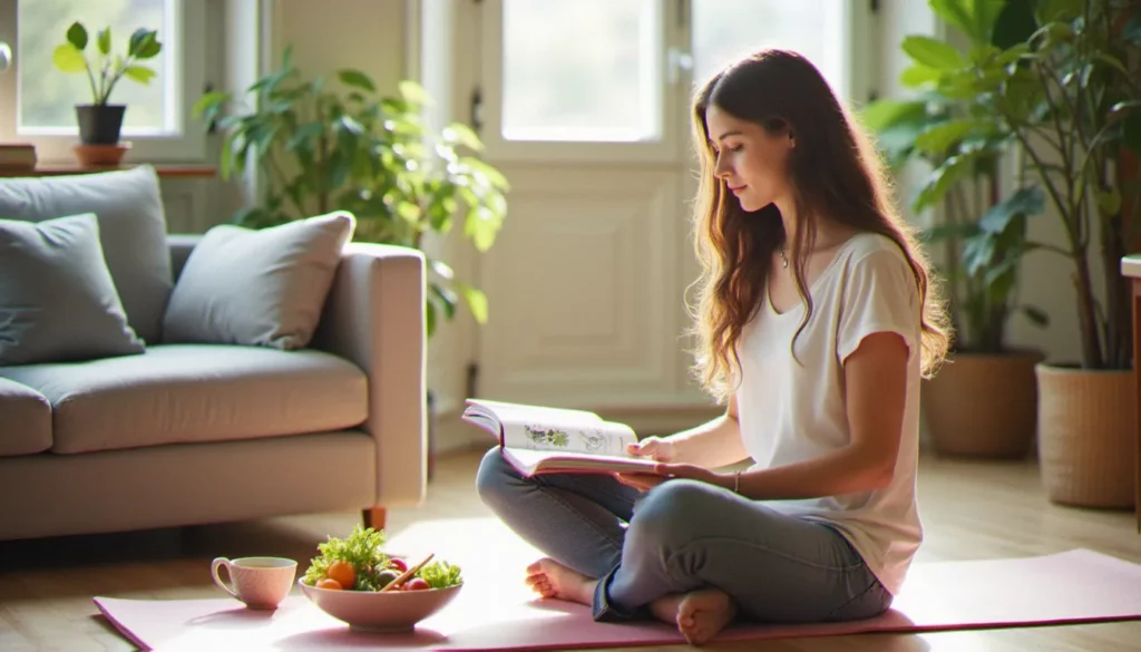 Une jeune femme assise sur un tapis de yoga feuillette un livre recette yoga avec un bowl coloré et une tasse de thé à côté d'elle