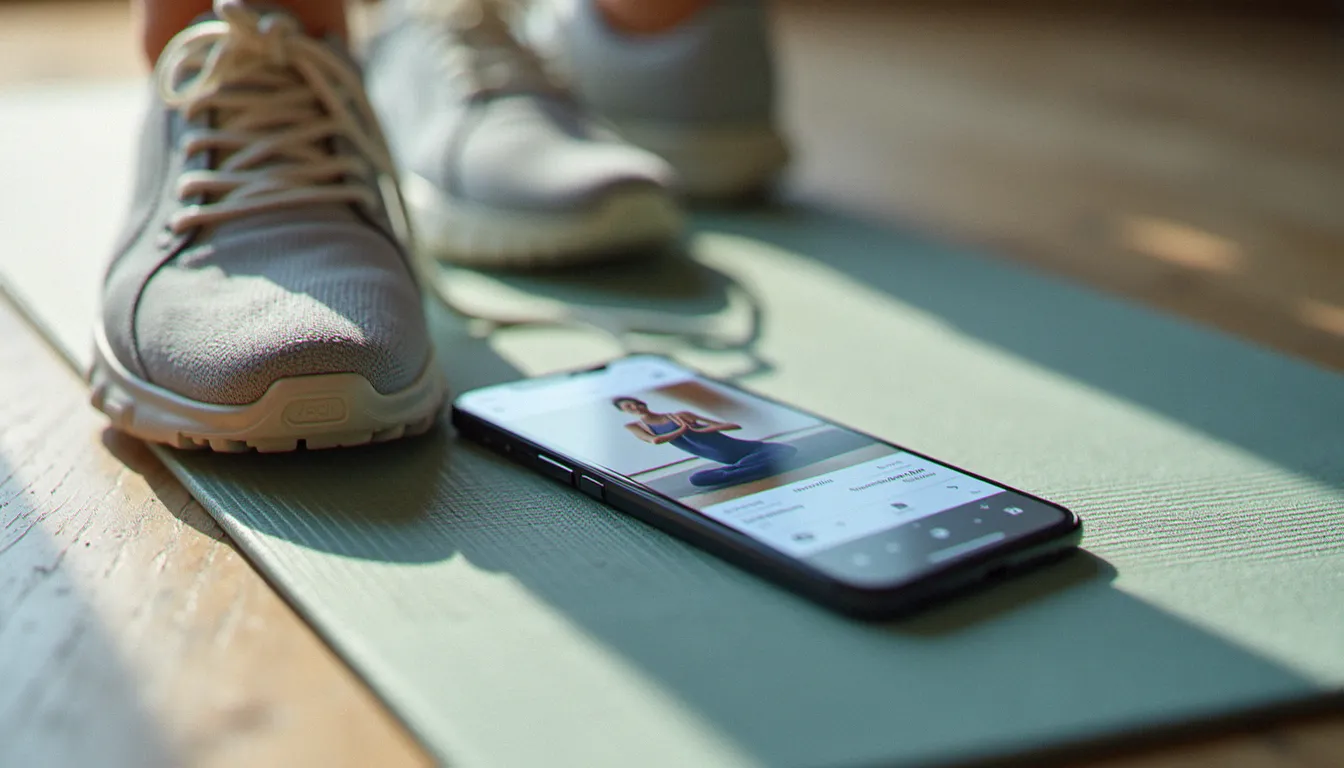 Un smartphone affichant une application de yoga avec des vidéos guidées, posé sur un tapis de yoga.
