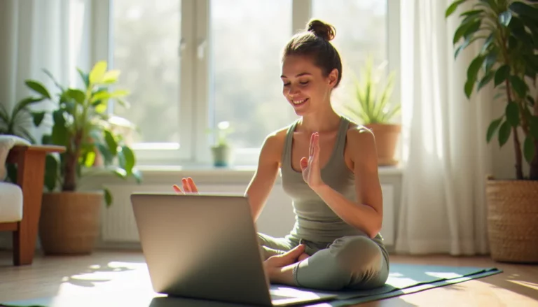 Une jeune femme pratique le yoga chez elle en suivant un logiciel de yoga sur son ordinateur portable, dans un salon lumineux et apaisant.