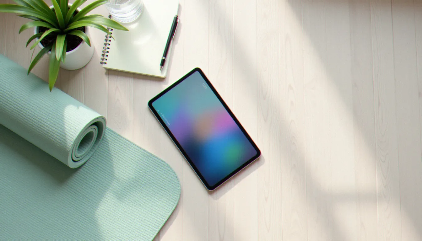 Smartphone, tablette, carnet et tapis de yoga posés sur un parquet clair pour comparer des applications de yoga