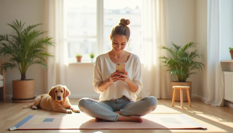 Jeune femme souriante pratiquant le yoga sur un tapis pastel devant son smartphone, avec un chiot à ses côtés, pour illustrer la meilleure application yoga débutant