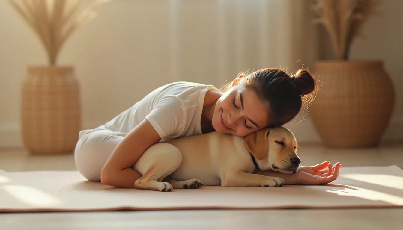 Femme en posture de l'enfant avec un chiot endormi contre son dos, illustrant la détente procurée par le yoga avec des chiots