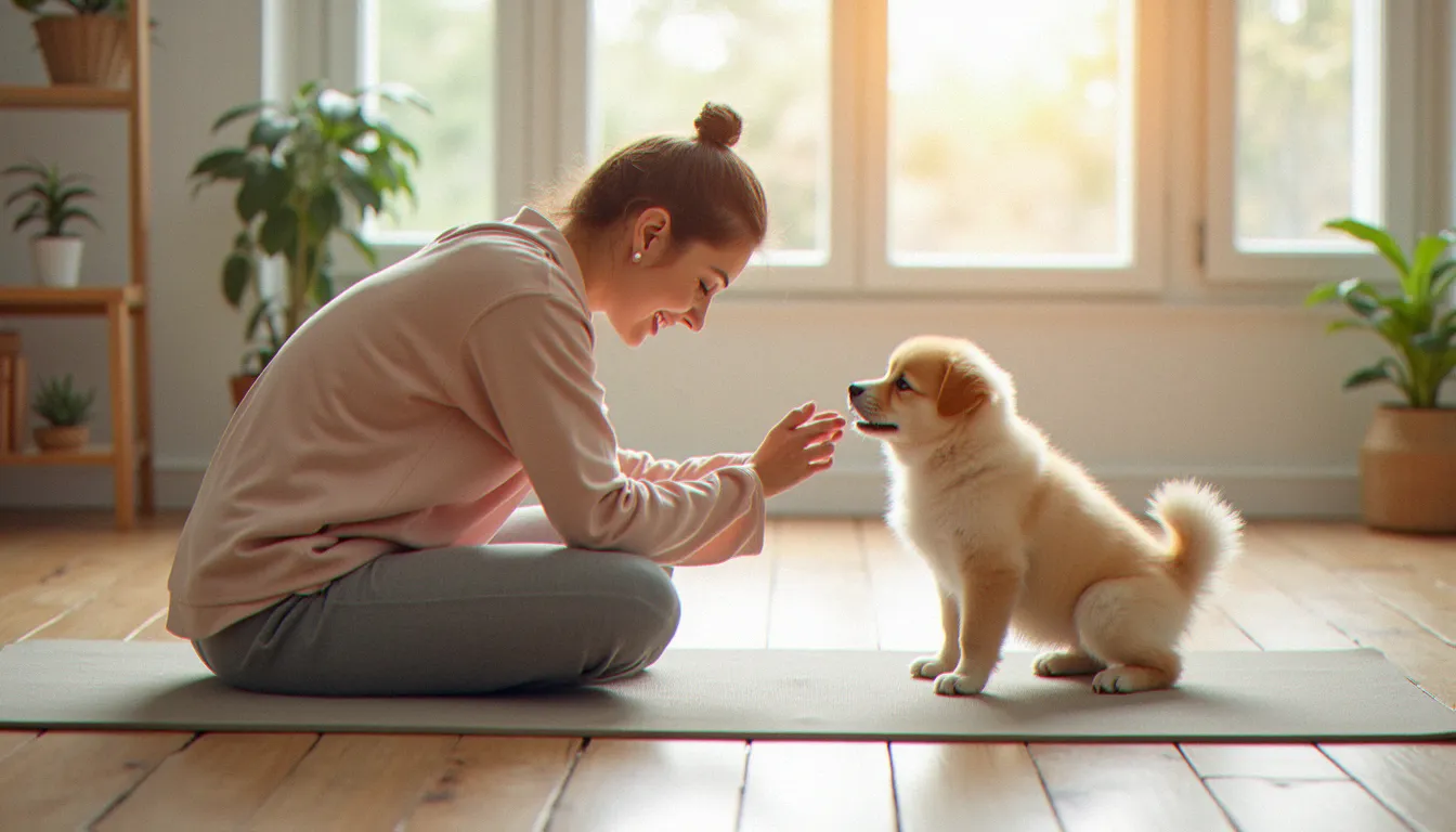 Une participante en posture de l'enfant pendant qu'un chiot vient renifler sa main au cours d'une séance de yoga
