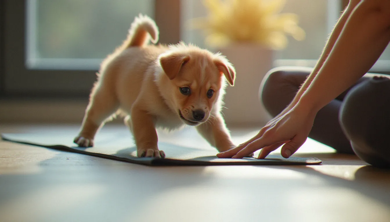 Chiot jouet grimpant sur un tapis de yoga pendant une séance à Lyon