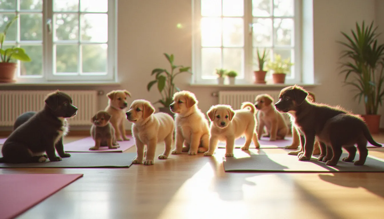 Participants de puppy yoga à Lyon s'étendant avec des chiots dorés et noirs sur les tapis
