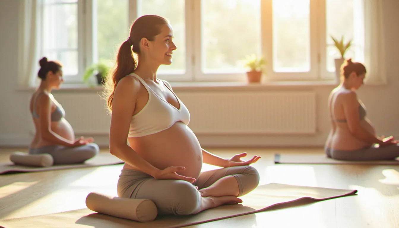 Femme enceinte pratiquant le yoga prénatal pour préparer l'accouchement naturel