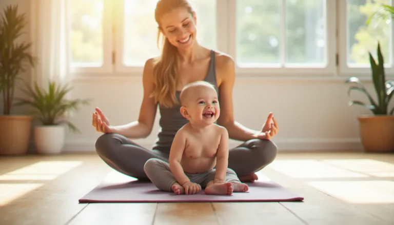 Maman et bébé pratiquant ensemble le yoga avec bébé dans un studio lumineux