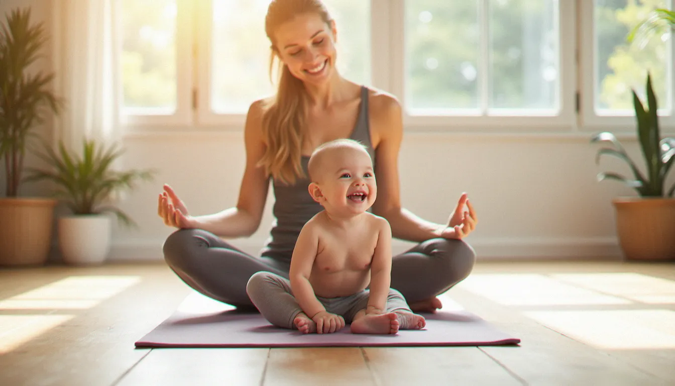 Maman et bébé pratiquant ensemble le yoga avec bébé dans un studio lumineux