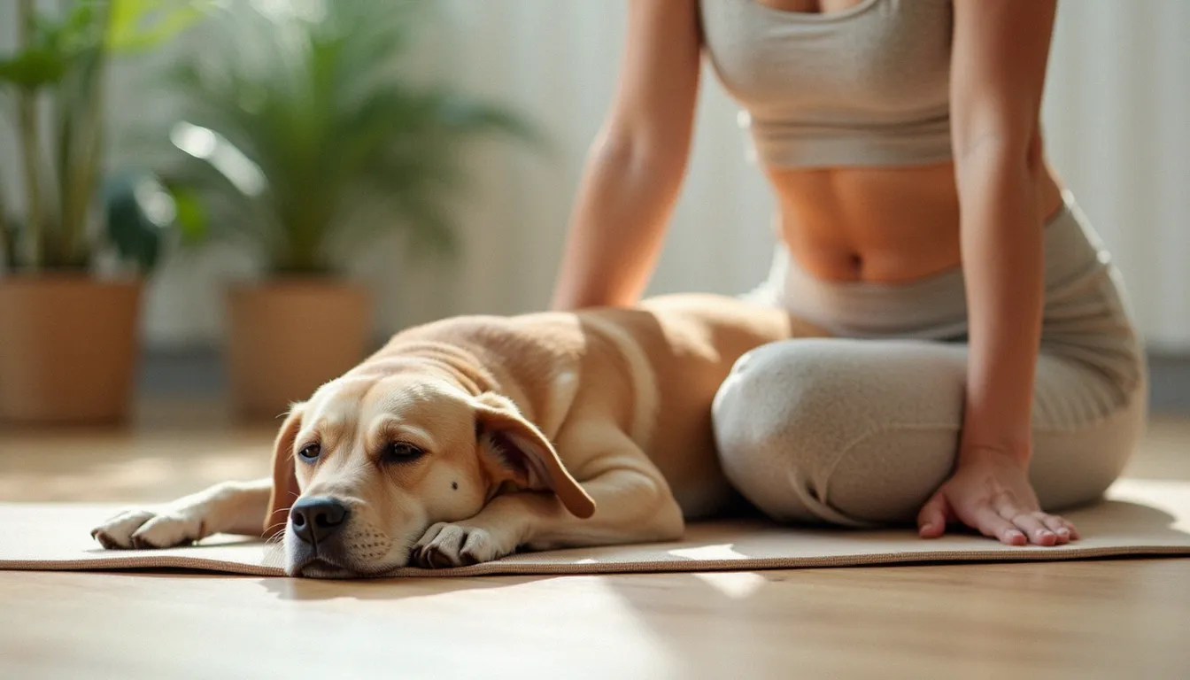 Femme en posture de l'enfant sur un tapis de yoga avec un chien paisible couché à côté d'elle
