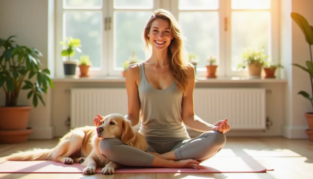 Une jeune femme en tenue de yoga assise sur son tapis avec son golden retriever allongé contre elle, lors d'une séance de yoga dogs dans un studio lumineux