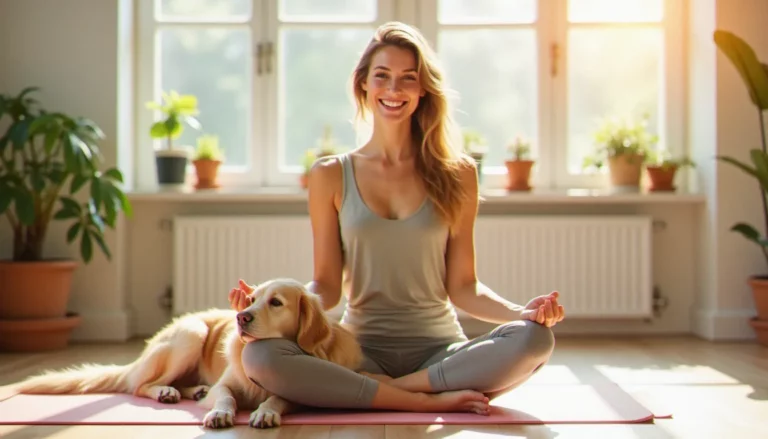 Une jeune femme en tenue de yoga assise sur son tapis avec son golden retriever allongé contre elle, lors d'une séance de yoga dogs dans un studio lumineux