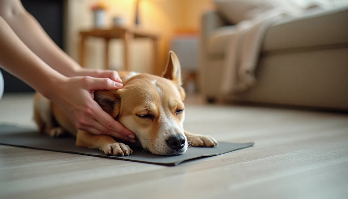 Les mains d'une femme caressant doucement un petit chien détendu allongé sur un tapis de yoga dans un salon lumineux