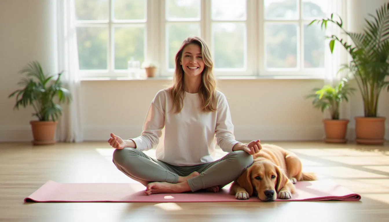 Une jeune femme souriante assise en tailleur sur un tapis de yoga à côté de son chien golden retriever allongé, lors d'une séance de yoga pour chien
