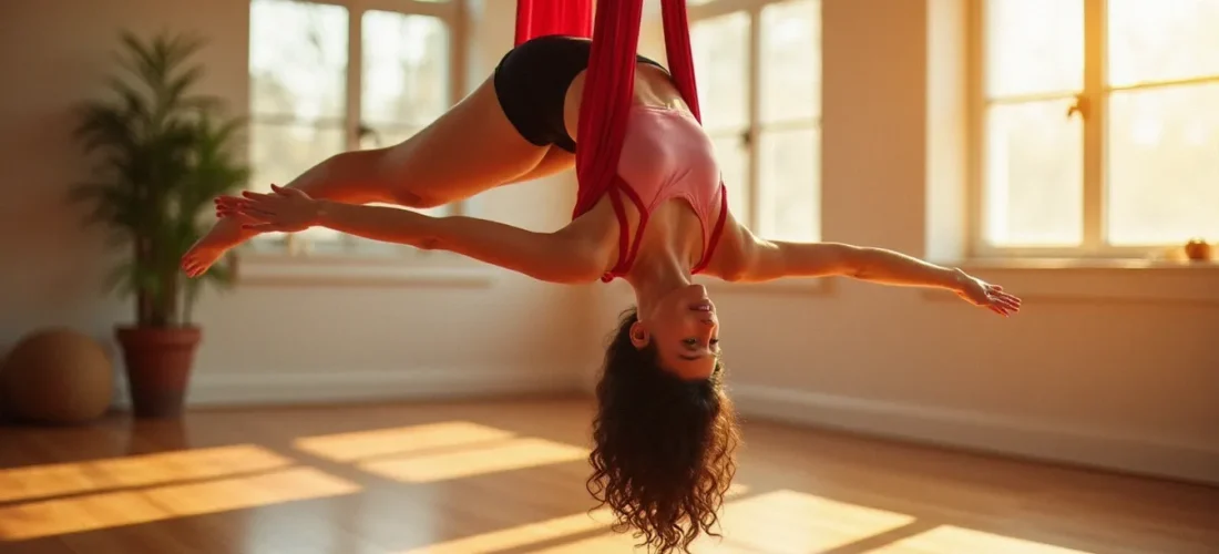Une femme en position d'inversion dans un hamac d'aerial yoga rouge dans un studio lumineux, pratiquant le yoga aérien avec grâce