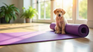 Tapis de yoga alo yoga mat violet posé sur parquet clair dans un studio lumineux avec un chiot golden retriever assis dessus