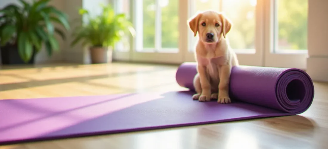 Tapis de yoga alo yoga mat violet posé sur parquet clair dans un studio lumineux avec un chiot golden retriever assis dessus