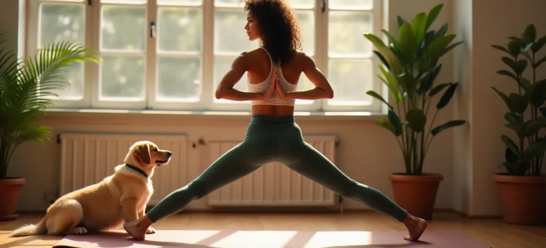 Femme pratiquant le yoga sur le best yoga mat en caoutchouc naturel, avec un chiot golden retriever à ses côtés dans un studio lumineux