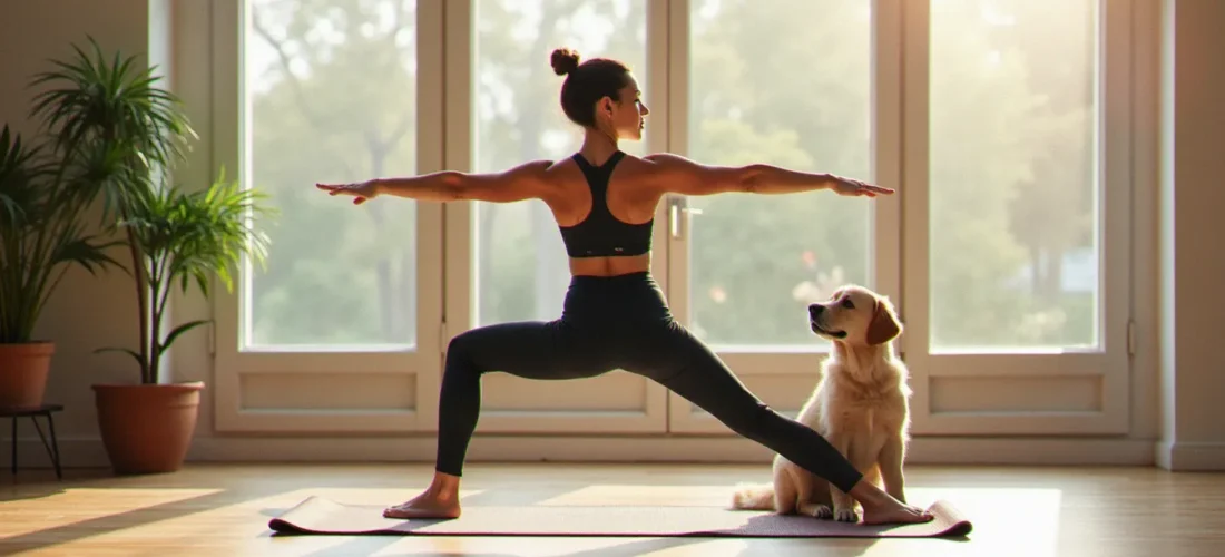 Femme pratiquant une posture de crz yoga warrior II dans un appartement lumineux avec un chiot golden labrador assis sur le tapis à ses côtés
