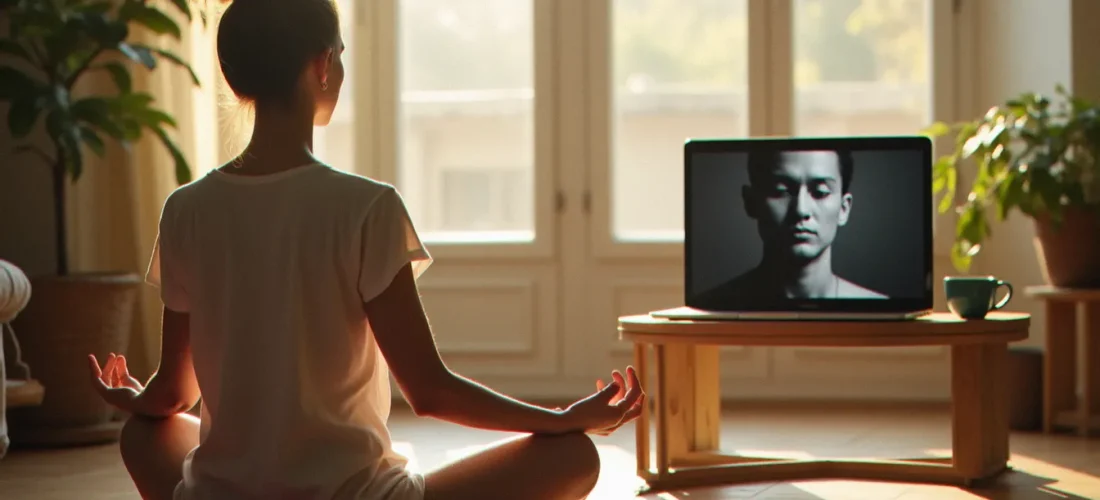 Femme pratiquant la méditation sur un tapis de yoga devant un documentaire sur la musique classique affiché sur un ordinateur portable, dans un appartement lumineux