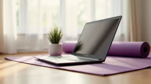 Laptop Lenovo Yoga posé sur le parquet d'un studio de yoga avec un écran qui clignote, illustrant le problème de lenovo yoga screen flashing dans un contexte de pratique à domicile