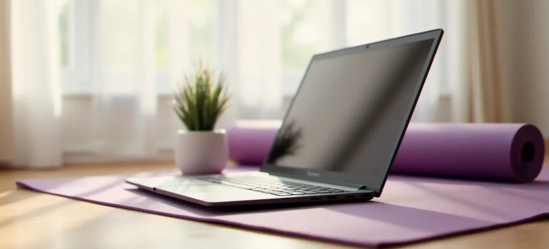 Laptop Lenovo Yoga posé sur le parquet d'un studio de yoga avec un écran qui clignote, illustrant le problème de lenovo yoga screen flashing dans un contexte de pratique à domicile