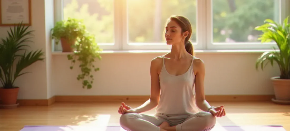 Une professeure de yoga registered yoga teacher yoga alliance souriante assise en méditation dans un studio lumineux, avec son certificat encadré visible au mur derrière elle